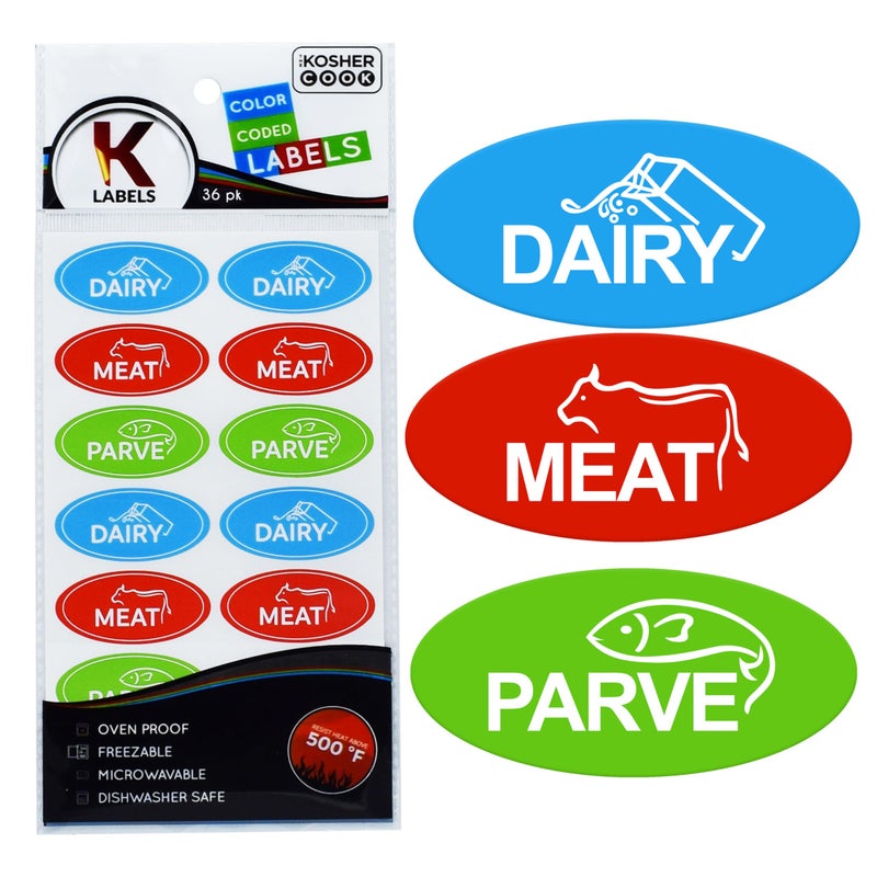 The Kosher Cook 36 Assorted Kosher Labels - 12 Blue Dairy, 12 Red Meat, 12 Green Parve Stickers -Oven Proof up to 500Â°, Freezable, Microwavable, Dishwasher Safe, English â€“ Color Coded Kitchen Tools by The Kosher Cook - Image 2